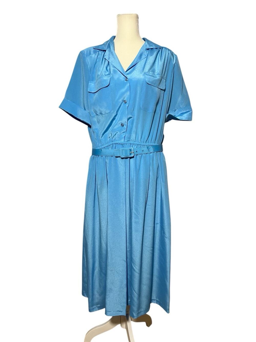 Vintage Andrea Gayle Petite 70s Blue Short Sleeve Retro Shirt Dress Size 14